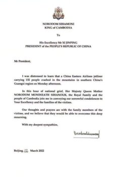 柬埔寨国王西哈莫尼就东航失事致电慰问-柬之窗